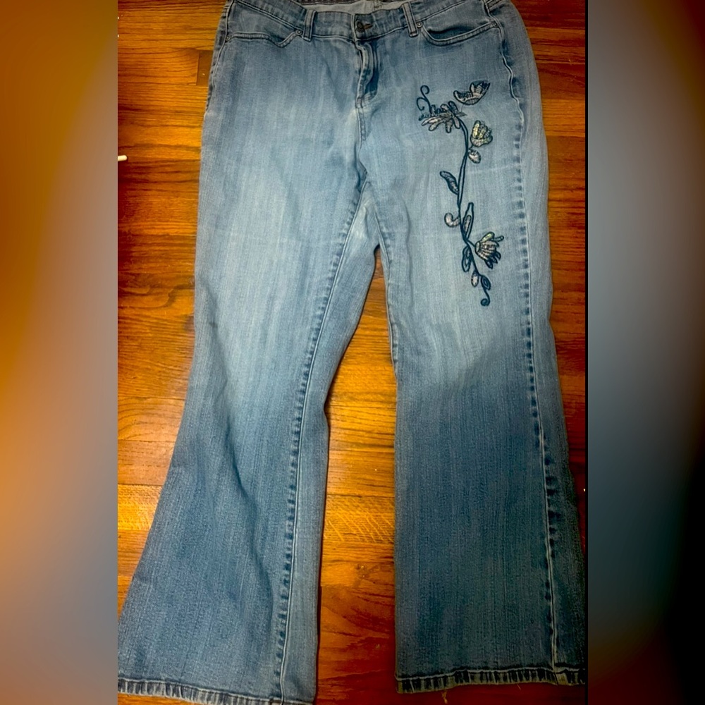 NYL Womens Denim Jeans Straight Beads Embroidered Embroidered Flower Y2K 14